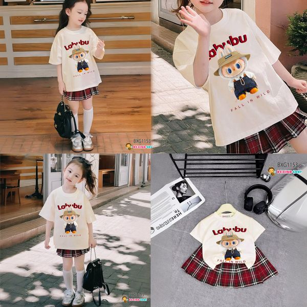 Bộ áo labubu chân váy caro kèm chip dễ thương cho bé gái BXG1153