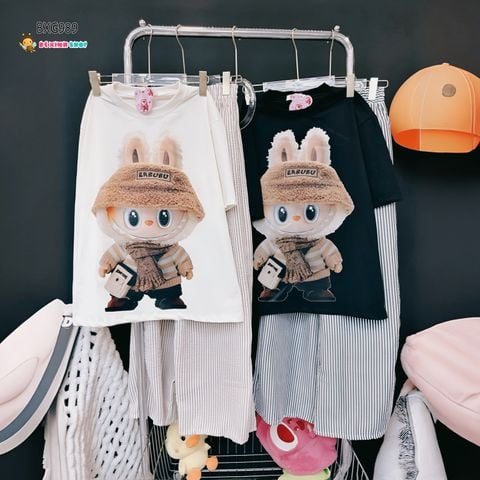 Bộ áo thun in Labubu quần sọc ống suông dễ thương cho Mẹ & Bé gái BXG989