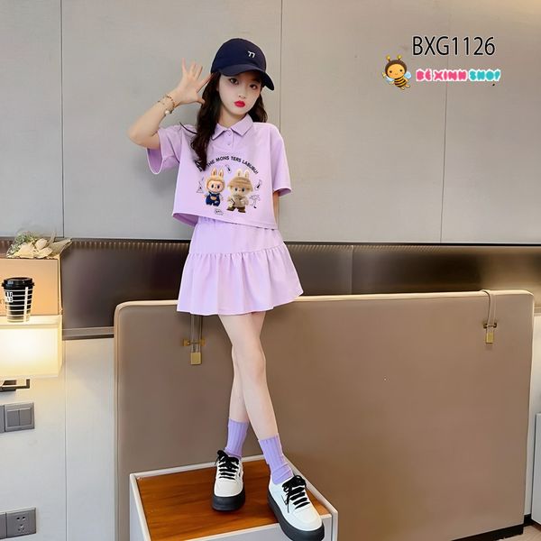 Bộ áo polo LABUBU phom croptop kèm chân váy có chip dễ thương cho bé gái đi chơi, dạo phố BXG1124