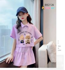 Bộ áo polo LABUBU phom croptop kèm chân váy có chip dễ thương cho bé gái đi chơi, dạo phố BXG1124
