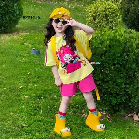 Bộ thun in cô gái uống trà sữa dễ thương cho bé gái BXG1710