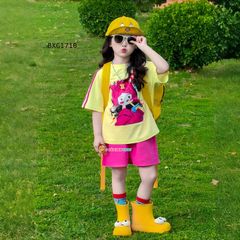 Bộ thun in cô gái uống trà sữa dễ thương cho bé gái BXG1710