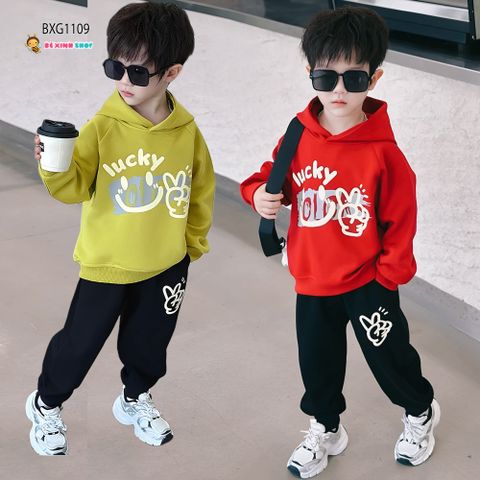 [XẢ KHO] Bộ dài tay áo nón in mặt cười quần dài dễ thương cho bé trai Thu Đông BXG1109