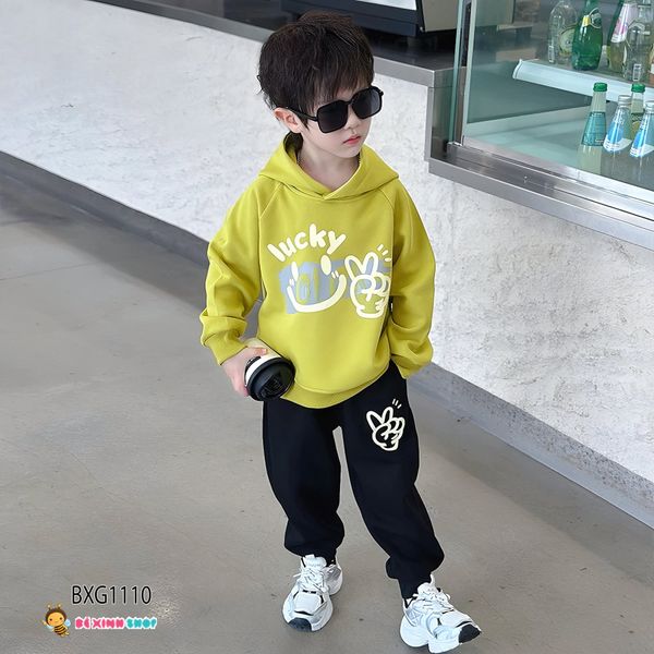 [XẢ KHO] Bộ dài tay áo nón in mặt cười quần dài dễ thương cho bé trai Thu Đông BXG1109