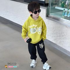 [XẢ KHO] Bộ dài tay áo nón in mặt cười quần dài dễ thương cho bé trai Thu Đông BXG1109