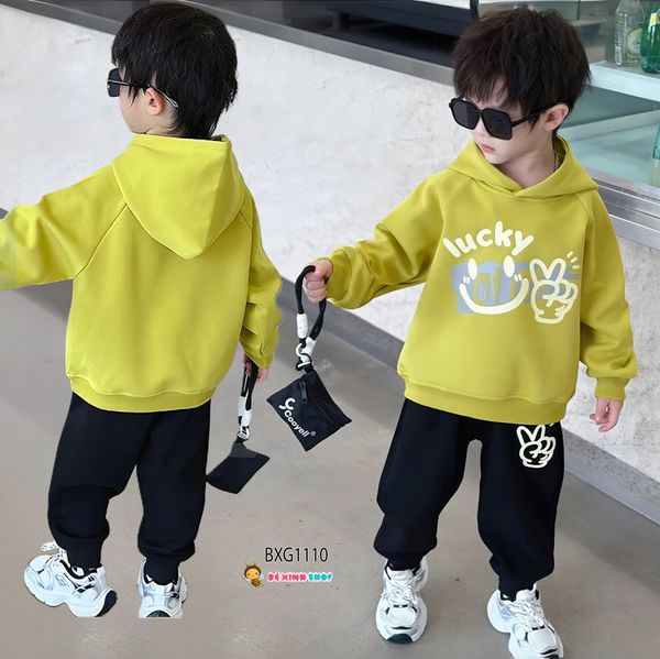 [XẢ KHO] Bộ dài tay áo nón in mặt cười quần dài dễ thương cho bé trai Thu Đông BXG1109