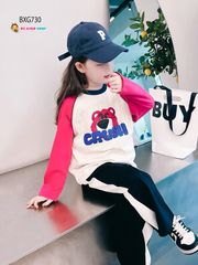 Bộ dài tay thu đông gấu Dâu quần ống suông dễ thương cho bé gái BXG730