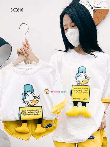 Bộ đồ in vịt gắn chân nổi dễ thương cho Mẹ, bé trai & bé gái BXG616