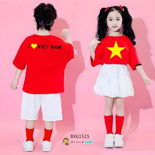 Bộ đồng phục bé trai & bé gái I love Việt Nam cho bé đi chơi, nhảy múa BXG1525