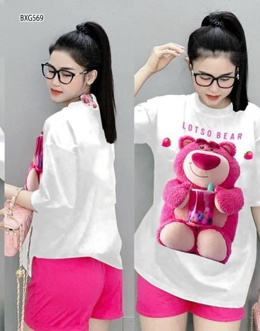 [MẸ & BÉ] Bộ thun in gấu dâu dễ thương cho mẹ & bé gái BXG567