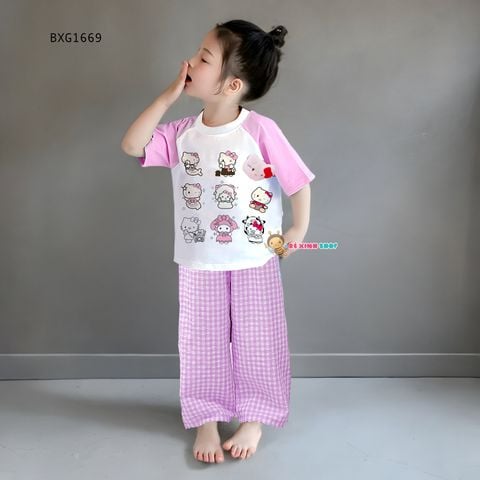 Bộ thun in Hình gắn đầu Hello Kitty quần caro dễ thương cho bé gái BXG1668