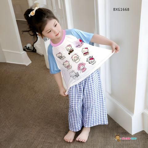 Bộ thun in Hình gắn đầu Hello Kitty quần caro dễ thương cho bé gái BXG1668