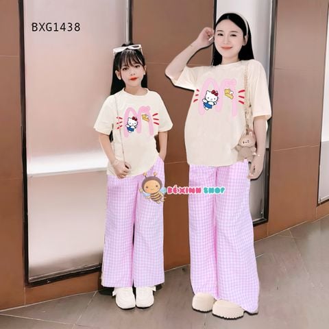 Bộ thun in mèo Kitty quần ống rộng caro dễ thương cho bé gái BXG1438