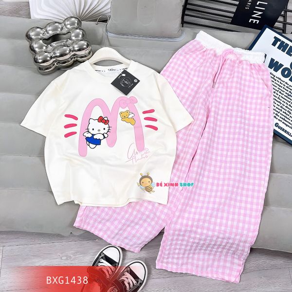 Bộ thun in mèo Kitty quần ống rộng caro dễ thương cho bé gái BXG1438