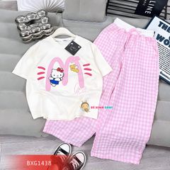 Bộ thun in mèo Kitty quần ống rộng caro dễ thương cho bé gái BXG1438
