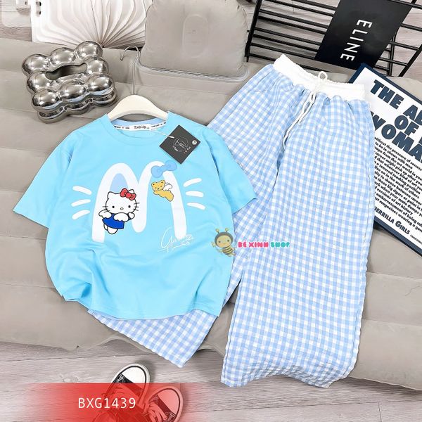 Bộ thun in mèo Kitty quần ống rộng caro dễ thương cho bé gái BXG1438