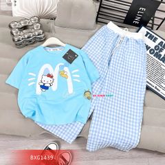 Bộ thun in mèo Kitty quần ống rộng caro dễ thương cho bé gái BXG1438