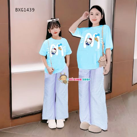 Bộ thun in mèo Kitty quần ống rộng caro dễ thương cho bé gái BXG1438