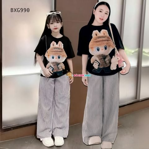 Bộ áo thun in Labubu quần sọc ống suông dễ thương cho Mẹ & Bé gái BXG989
