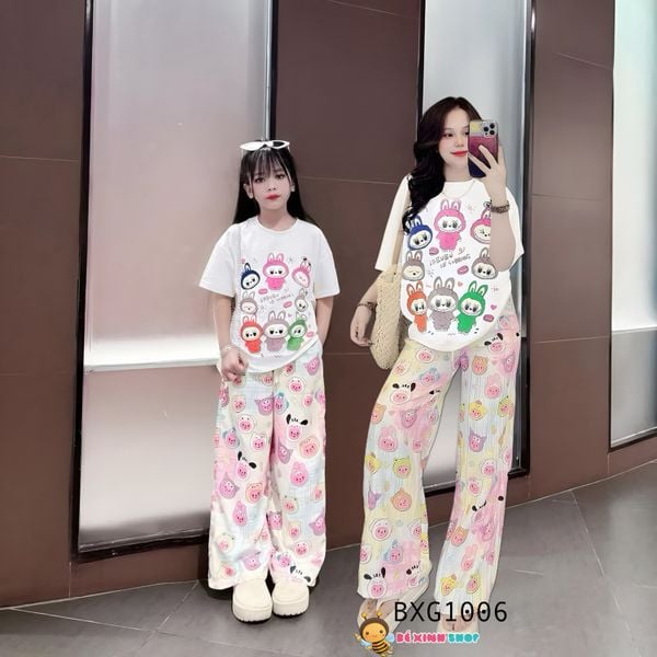 Bộ áo thun in Labubu quần SUÔNG HOẠ TIẾT dễ thương cho bé gái BXG1004