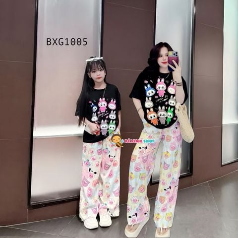 Bộ áo thun in Labubu quần SUÔNG HOẠ TIẾT dễ thương cho bé gái BXG1004