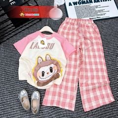 Bộ thun áo Raplang in Labubu quần suông caro dễ thương cho Mẹ & Bé Gái BXG1059