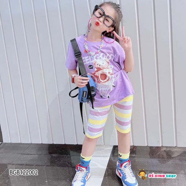 Bộ lửng sọc in gấu XE ĐẨY dễ thương cho bé gái BGB122000