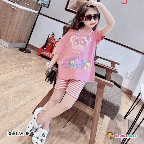 [XẢ KHO] Bộ lửng in nhiều gấu quần sọc ( King BB)  dễ thương cho bé gái BGB122006