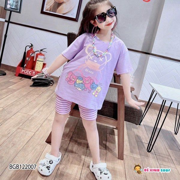 [XẢ KHO] Bộ lửng in nhiều gấu quần sọc ( King BB)  dễ thương cho bé gái BGB122006