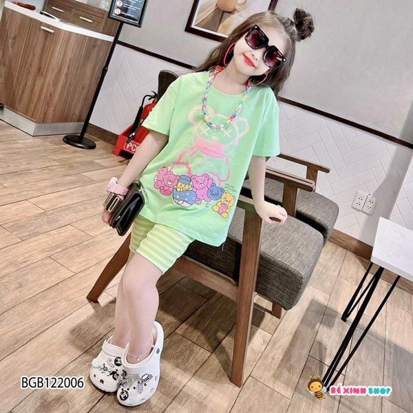 [XẢ KHO] Bộ lửng in nhiều gấu quần sọc ( King BB)  dễ thương cho bé gái BGB122006