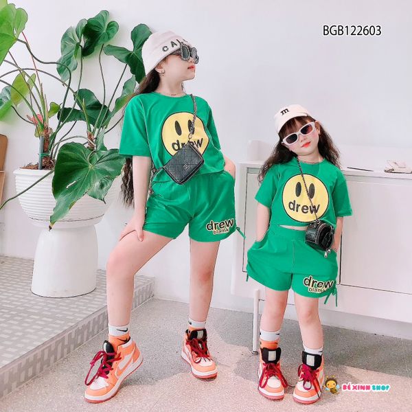 Bộ thun mặt cười quần rút dây dễ thương cho bé gái BGB122603