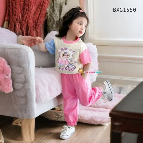 Bộ thun TAY PHỐI MÀU Babythree quần bo ống dễ thương cho bé gái BXG1550