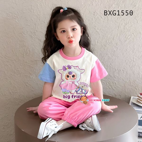 Bộ thun TAY PHỐI MÀU Babythree quần bo ống dễ thương cho bé gái BXG1550