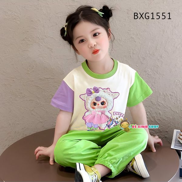 Bộ thun TAY PHỐI MÀU Babythree quần bo ống dễ thương cho bé gái BXG1550