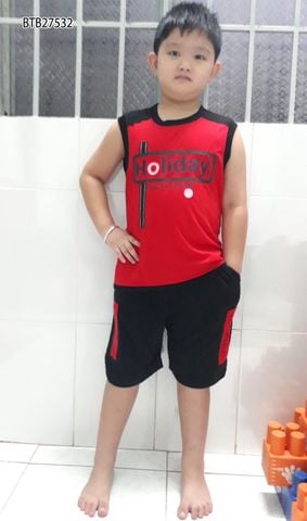 Bộ thun sát nách in chữ HOLIDAY dễ thương cho bé trai mùa hè BTB27531