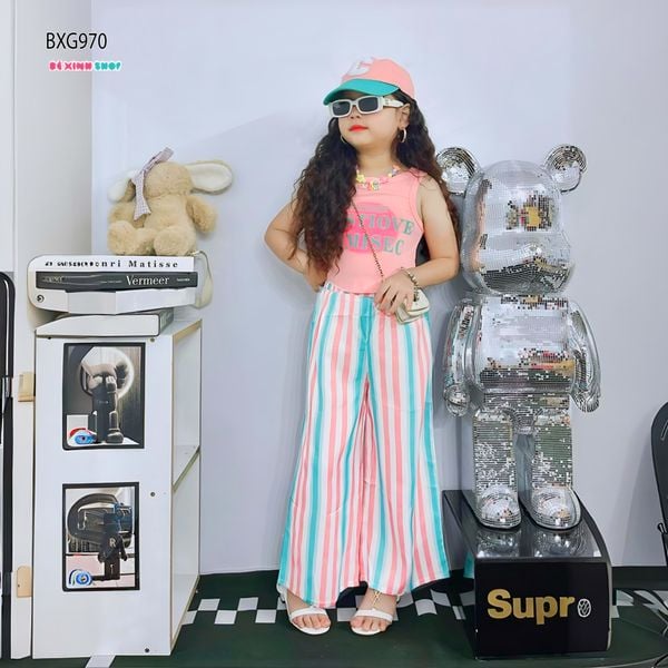 Bộ áo sát nách in chữ quần sọc ống suông dể thương cho MẸ & Bé gái BXG968