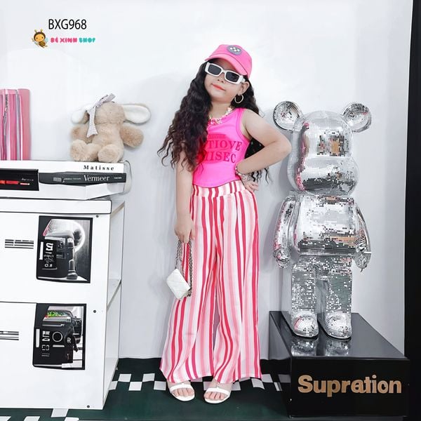 Bộ áo sát nách in chữ quần sọc ống suông dể thương cho MẸ & Bé gái BXG968