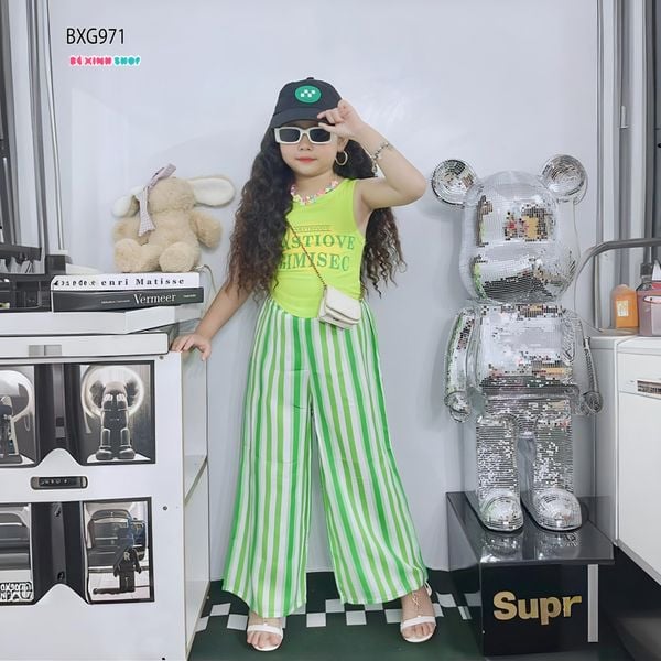 Bộ áo sát nách in chữ quần sọc ống suông dể thương cho MẸ & Bé gái BXG968