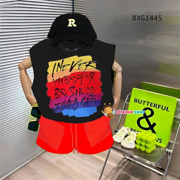 Bộ sát nách tay lỡ in chữ quần túi hộp dễ thương cho bé trai BXG1444