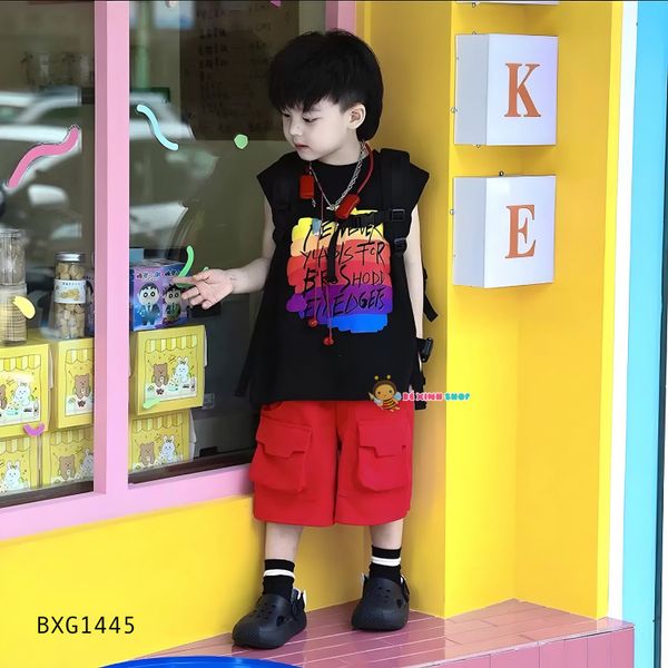 Bộ sát nách tay lỡ in chữ quần túi hộp dễ thương cho bé trai BXG1444