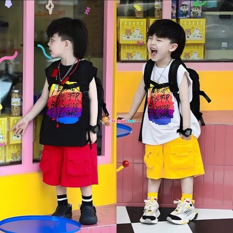 Bộ sát nách tay lỡ in chữ quần túi hộp dễ thương cho bé trai BXG1444