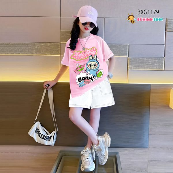 Set áo thun Labubu quần sort KAKI dễ thương cho bé gái đi học, đi chơi BXG1179