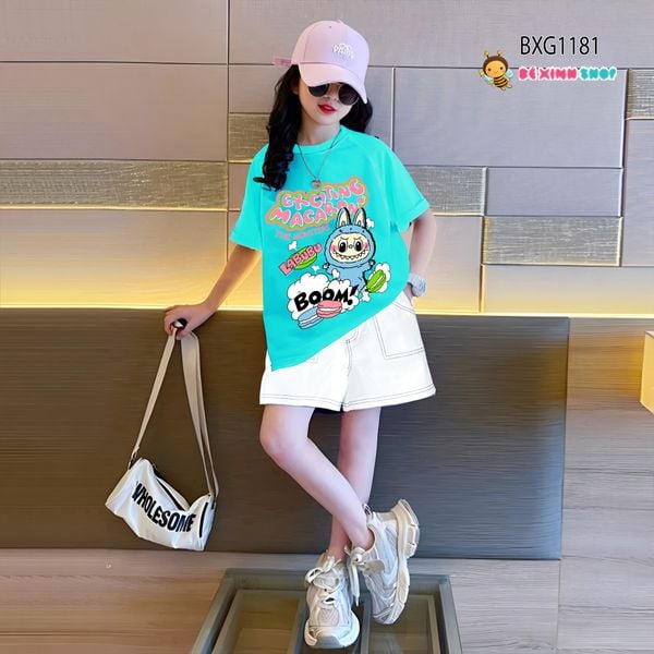 Set áo thun Labubu quần sort KAKI dễ thương cho bé gái đi học, đi chơi BXG1179