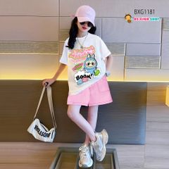 Set áo thun Labubu quần sort KAKI dễ thương cho bé gái đi học, đi chơi BXG1179