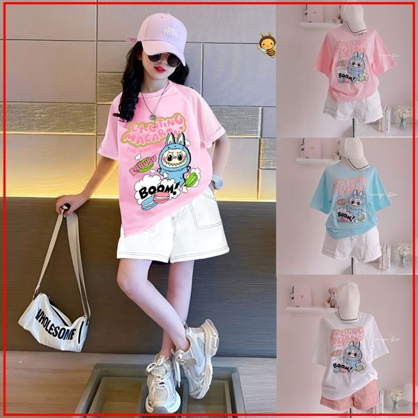 Set áo thun Labubu quần sort KAKI dễ thương cho bé gái đi học, đi chơi BXG1179