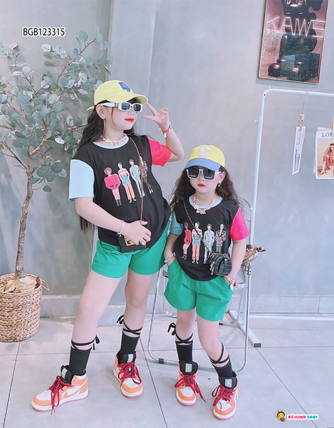 Bộ thun tay phối màu in hình dễ thương cho bé gái BGB123314