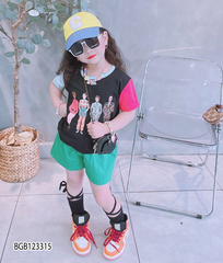 Bộ thun tay phối màu in hình dễ thương cho bé gái BGB123314