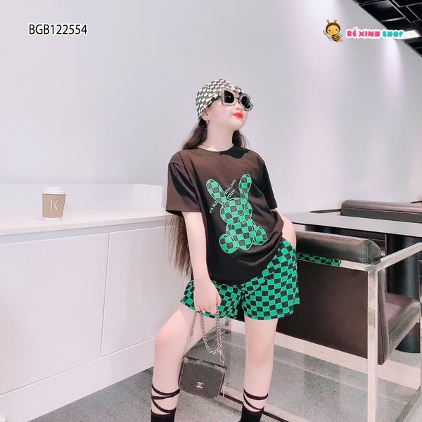 Bộ thun in thỏ quần caro dễ thương cho bé gái BGB122553