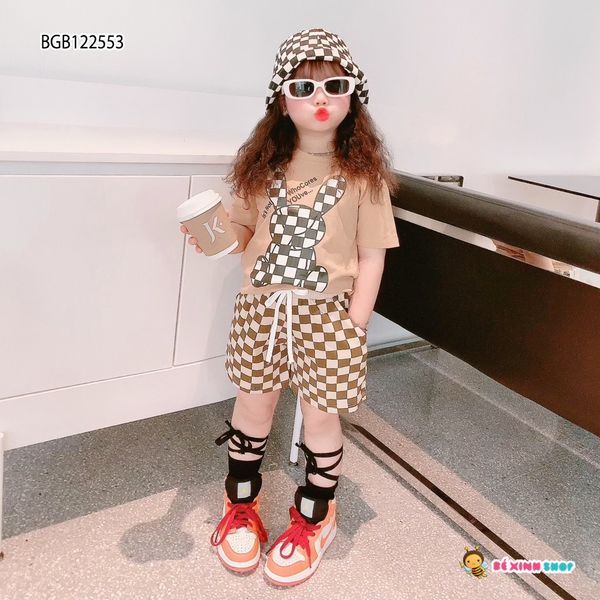 Bộ thun in thỏ quần caro dễ thương cho bé gái BGB122553