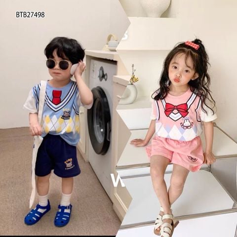 [XẢ KHO] Bộ thun in gấu nơ cà vạt dễ thương cho bé trai & bé gái BTB27498
